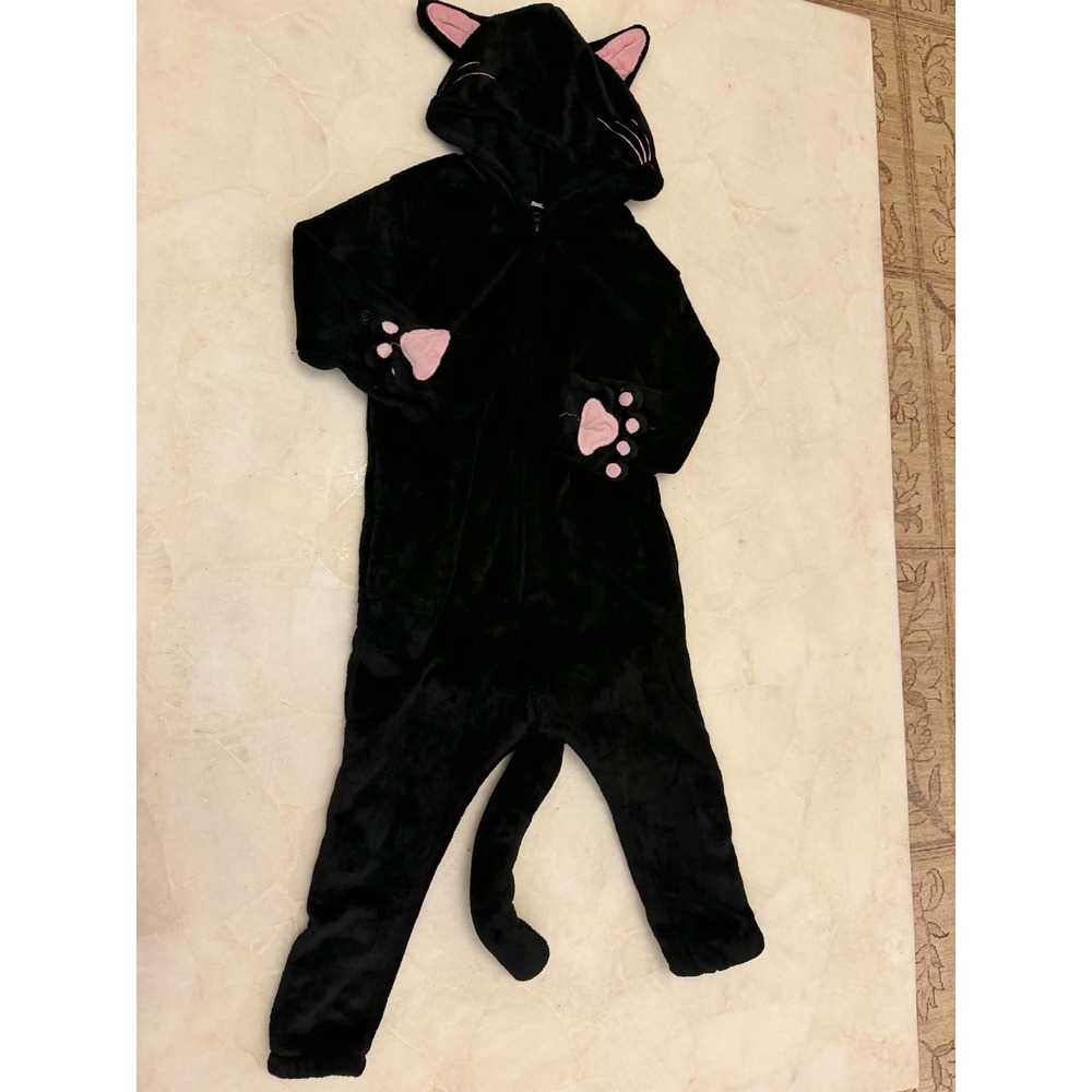 Kids Black Cat Fleece Hooded Union Suit Pajamas Costume Size Medium